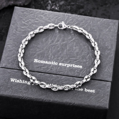 Men Titanium Steel Coffee Bean Chain Bracelet Non Tarnish Waterproof Silver-tone Stainless Steel Link Wristband Modern Minimalist Everyday Jewelry Gift for Men Husband Boyfriend