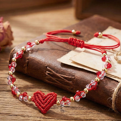 Handmade Red String Bracelet for Women Girlfriend Couples Matching Woven Macrame Heart Charm Bracelet Crystal Beaded Adjustable Rope Anniversary Valentine's Day Romantic Love Jewelry Gift with Card