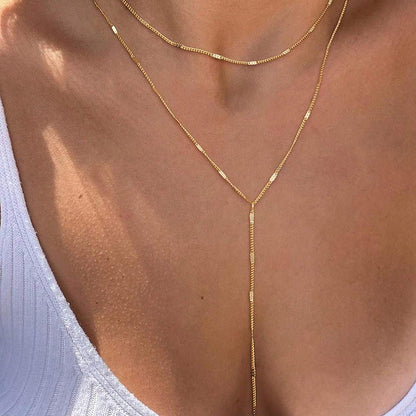 Stainless Steel Layered Y Necklace for Women Gold Tone Double Strand Lariat Necklace Dainty Lip Chain Textured Bar Tassel Pendant Sexy Cleavage Choker Body Jewelry Gift