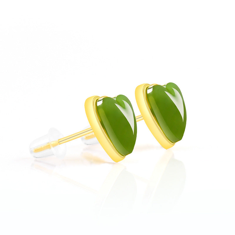 spinach green natural hetian jade heart earrings - s925 silver setting with minimalist design