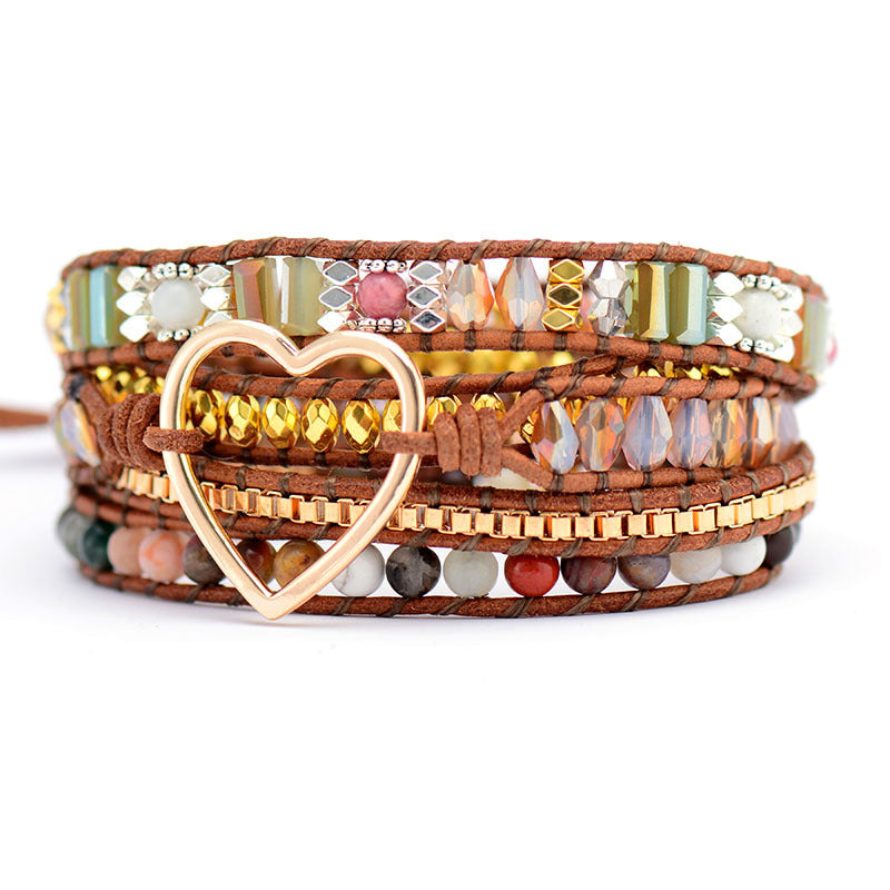 mixed stone heart boho wrap bracelet for women – handmade multi layer braided leather bracelet - star8s