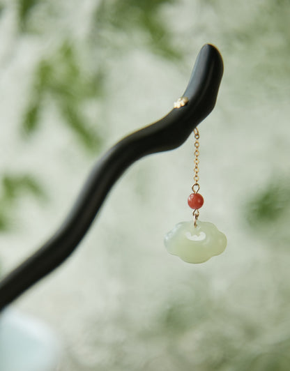 Natural Black Ebony Wood & Hetian Jade Hairpin - Hair Stick Accessory