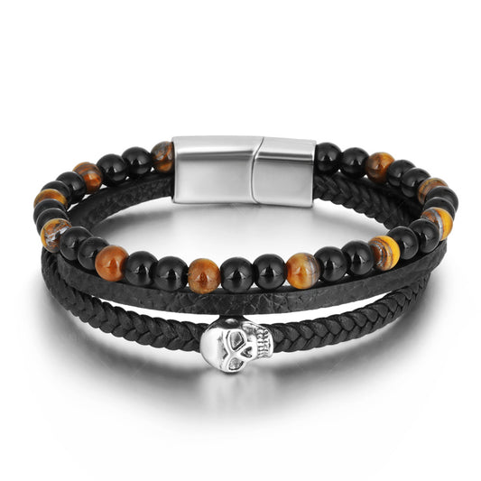 Men’s Stainless Steel Bracelet – Leather & Tiger’s Eye Beads with Skull Charm - STAR8S