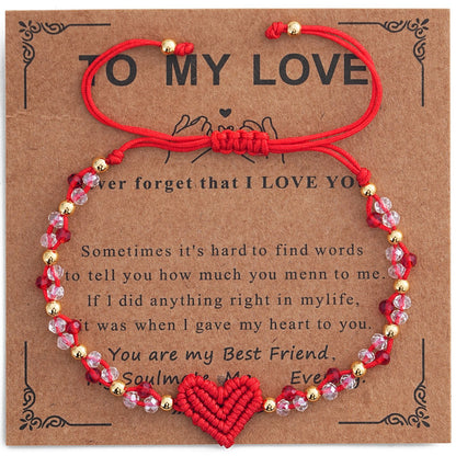 Handmade Red String Bracelet for Women Girlfriend Couples Matching Woven Macrame Heart Charm Bracelet Crystal Beaded Adjustable Rope Anniversary Valentine's Day Romantic Love Jewelry Gift with Card