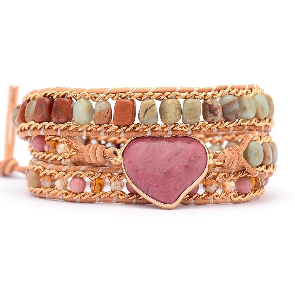 Rhodonite Heart Bracelet – Handmade 3-Layer Braided Leather Wrap Bracelet for Women - STAR8S