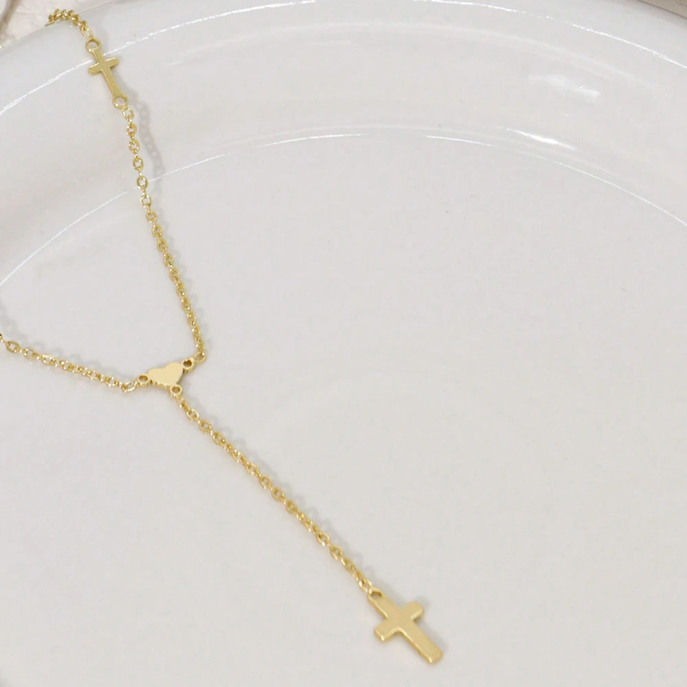 gold-tone lariat necklace for women stainless steel open heart loop y necklace sleek vertical drop cross pendant dainty choker adjustable layering clavicle chain christian faith religious amulet trendy ins costume jewelry gift 19.29"