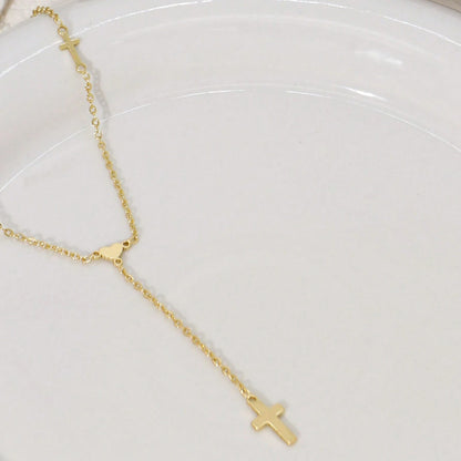 Gold-tone Lariat Necklace for Women Stainless Steel Open Heart Loop Y Necklace Sleek Vertical Drop Cross Pendant Dainty Choker Adjustable Layering Clavicle Chain Christian Faith Religious Amulet Trendy Ins Costume Jewelry Gift 19.29"
