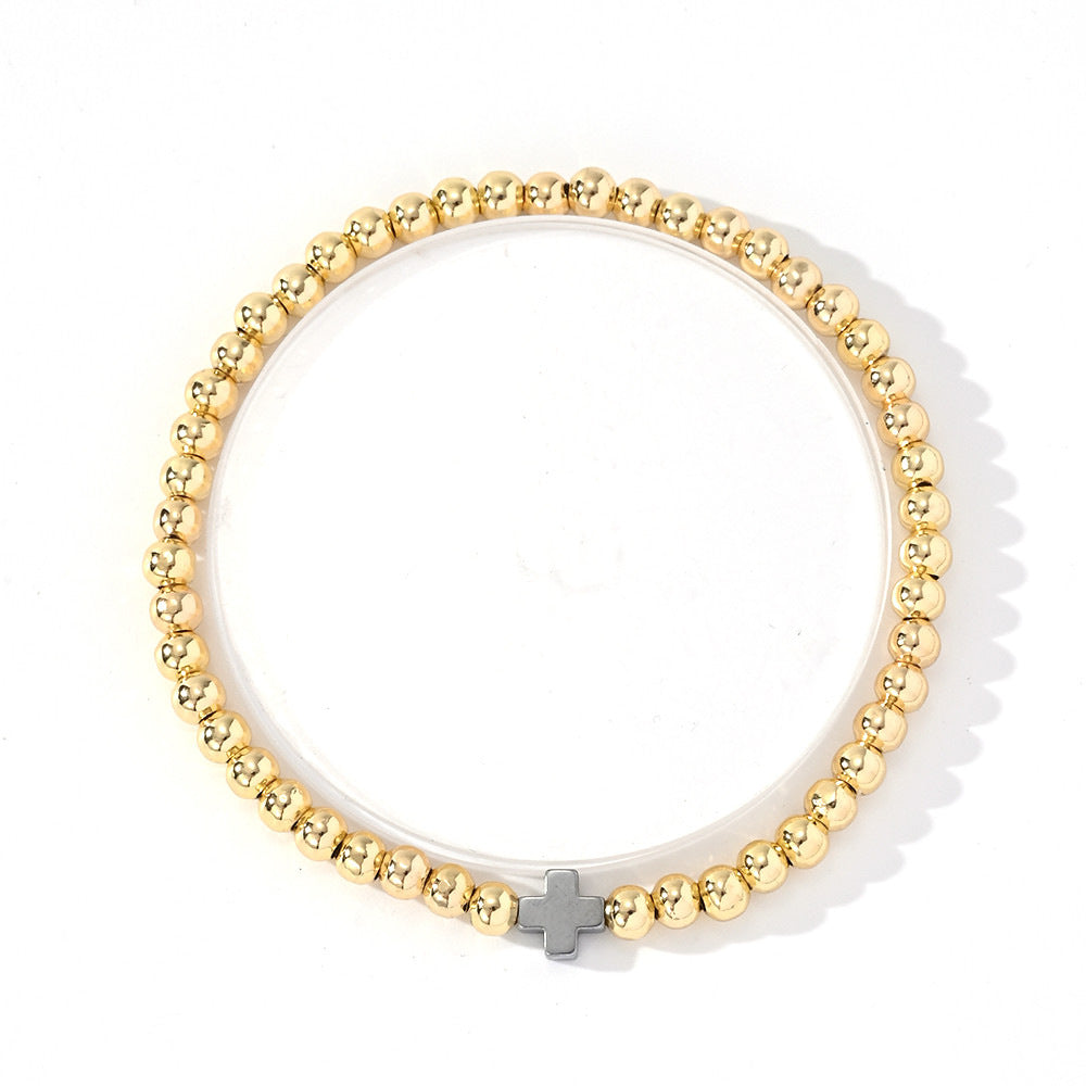 hematite cross bead bracelet – handmade stylish couple jewelry – gold & silver accent – adjustable, elegant fashion accessory