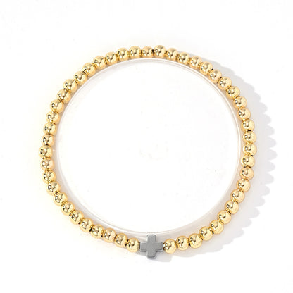 Hematite Cross Bead Bracelet – Handmade Stylish Couple Jewelry – Gold & Silver Accent – Adjustable, Elegant Fashion Accessory