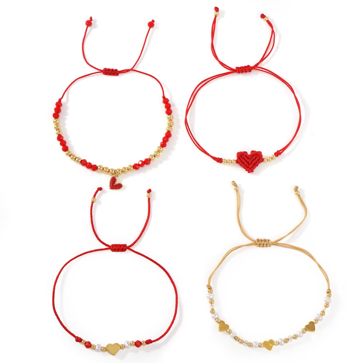boho chic 4-piece red string & gold-tone heart bracelet stack | lightweight adjustable braided cord beaded charm bracelets set perfect for daily wear & gifting