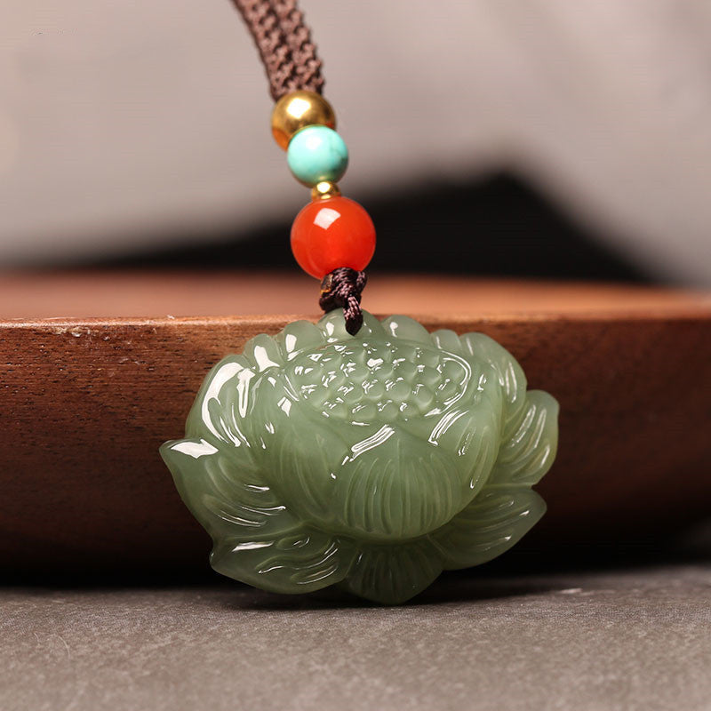 elegant hetian jade green lotus pendant necklace – unisex