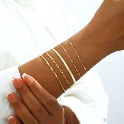 5-Piece Bracelet Set for Women, Electroplated Brass Chain Bracelets with Herringbone, Rope, Twisted, Paperclip and Bead Station Designs, Adjustable Lobster Clasps, 6.7 Inch Length with 1.5 Inch Extenders, Layering Jewelry for Everyday Wear and Gift G