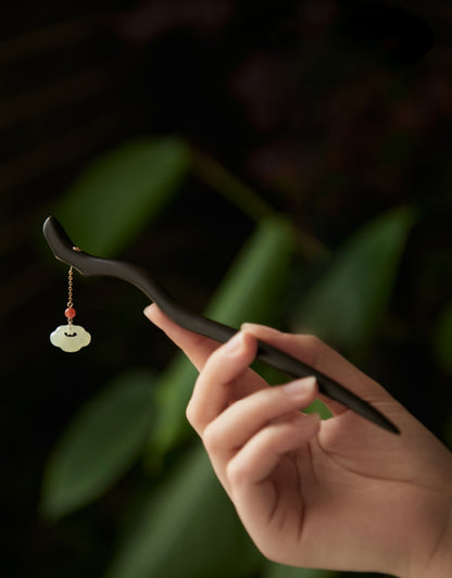Natural Black Ebony Wood & Hetian Jade Hairpin - Hair Stick Accessory