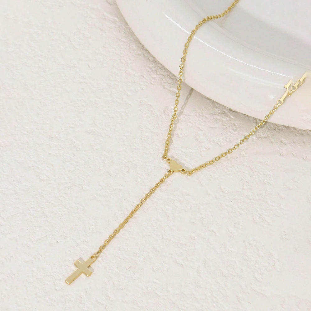 gold-tone lariat necklace for women stainless steel open heart loop y necklace sleek vertical drop cross pendant dainty choker adjustable layering clavicle chain christian faith religious amulet trendy ins costume jewelry gift 19.29"