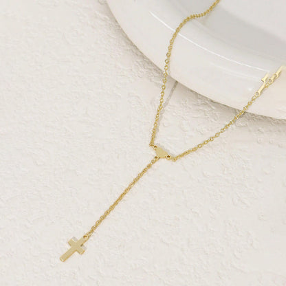 Gold-tone Lariat Necklace for Women Stainless Steel Open Heart Loop Y Necklace Sleek Vertical Drop Cross Pendant Dainty Choker Adjustable Layering Clavicle Chain Christian Faith Religious Amulet Trendy Ins Costume Jewelry Gift 19.29"