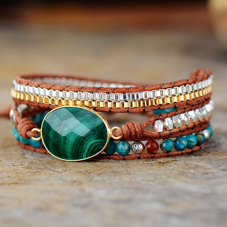 natural malachite 3-wrap leather braided bracelet - fashion jewelry for women - star8s