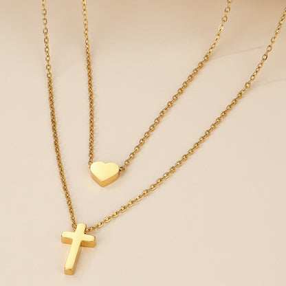 Layered Cross Necklace for Women Stainless Steel Gold Plated Dainty Open Heart Charm Pendant Double Strand Chain Choker Minimalist Christian Faith Religious Amulet Trendy Jewelry Gift for Her Girlfriend