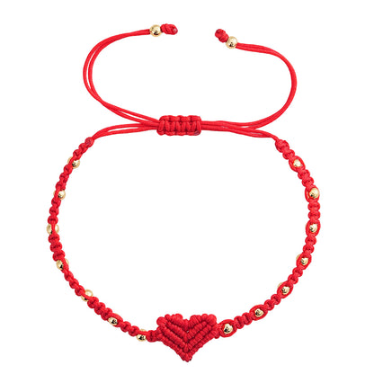 Handmade Red String Bracelet for Women Girlfriend Couples Matching Woven Macrame Heart Charm Bracelet Gold Beaded Adjustable Rope Anniversary Valentine's Day Romantic Love Jewelry Gift with Card