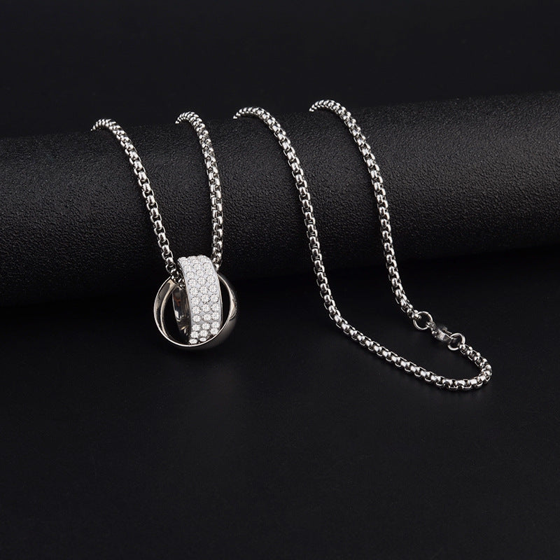 titanium steel double ring pendant necklace for men unisex iced out rhinestone interlocking circle pendant hip hop streetwear box chain high street cyberpunk jewelry