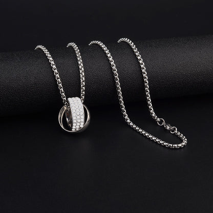 Titanium Steel Double Ring Pendant Necklace for Men Unisex Iced Out Rhinestone Interlocking Circle Pendant Hip Hop Streetwear Box Chain High Street Cyberpunk Jewelry
