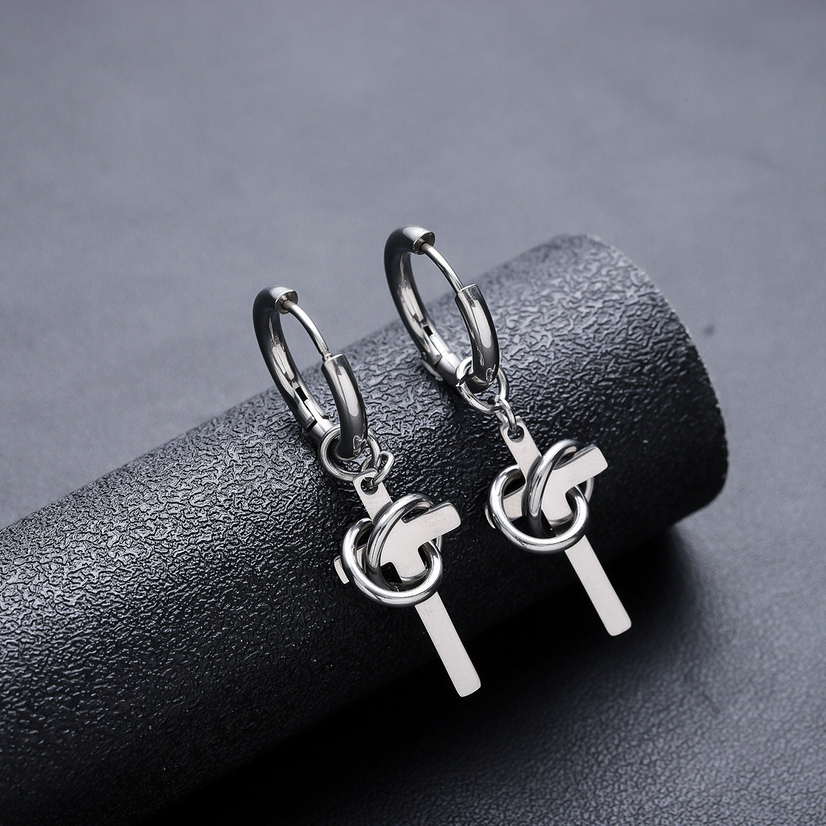 men's cross drop hoop earrings titanium steel non tarnish twisted wire entwined cross dangle earrings punk gothic hip hop ear jewelry streetwear ear clips for men pierced non-pierced silver color