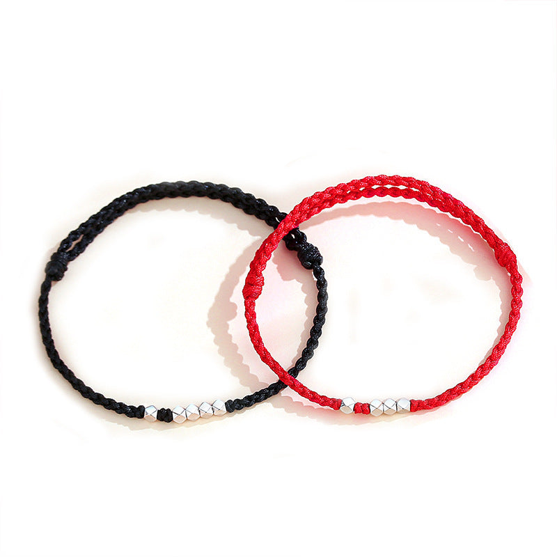 silver couples braided bracelet | handmade red string bracelet with 925 sterling silver beads