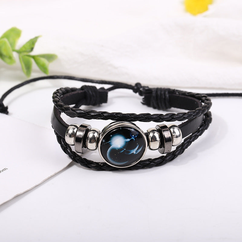 zodiac signs leather bracelet - luminous design, vintage style, unisex adjustable bracelet for couples - star8s