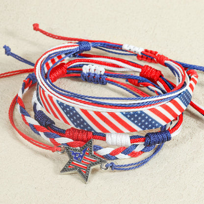 4th of July Patriotic Bracelets Set Red White and Blue Independence Day Braided Rope Bracelets Pack Memorial Day American Flag Star Charm Woven String Stackable Jewelry Gift for Women Men 5Pcs