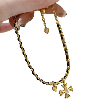 Gold Tone Cross Woven Chain Bracelet for Women Interwoven Black Thread Braided Cord Gothic Cross Charm Bracelet Adjustable Luxury Aesthetic Fashion Jewelry Gift