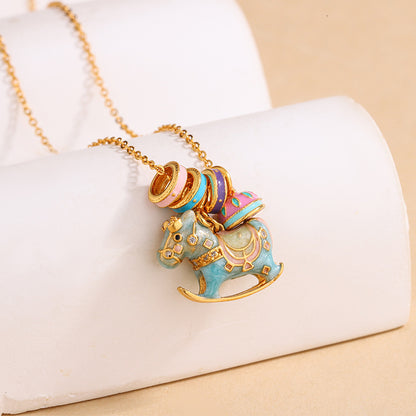 Chinese Zodiac Horse Silver Necklace – S925 Enamel Macaron Color Rocking Horse Pendant - STAR8S