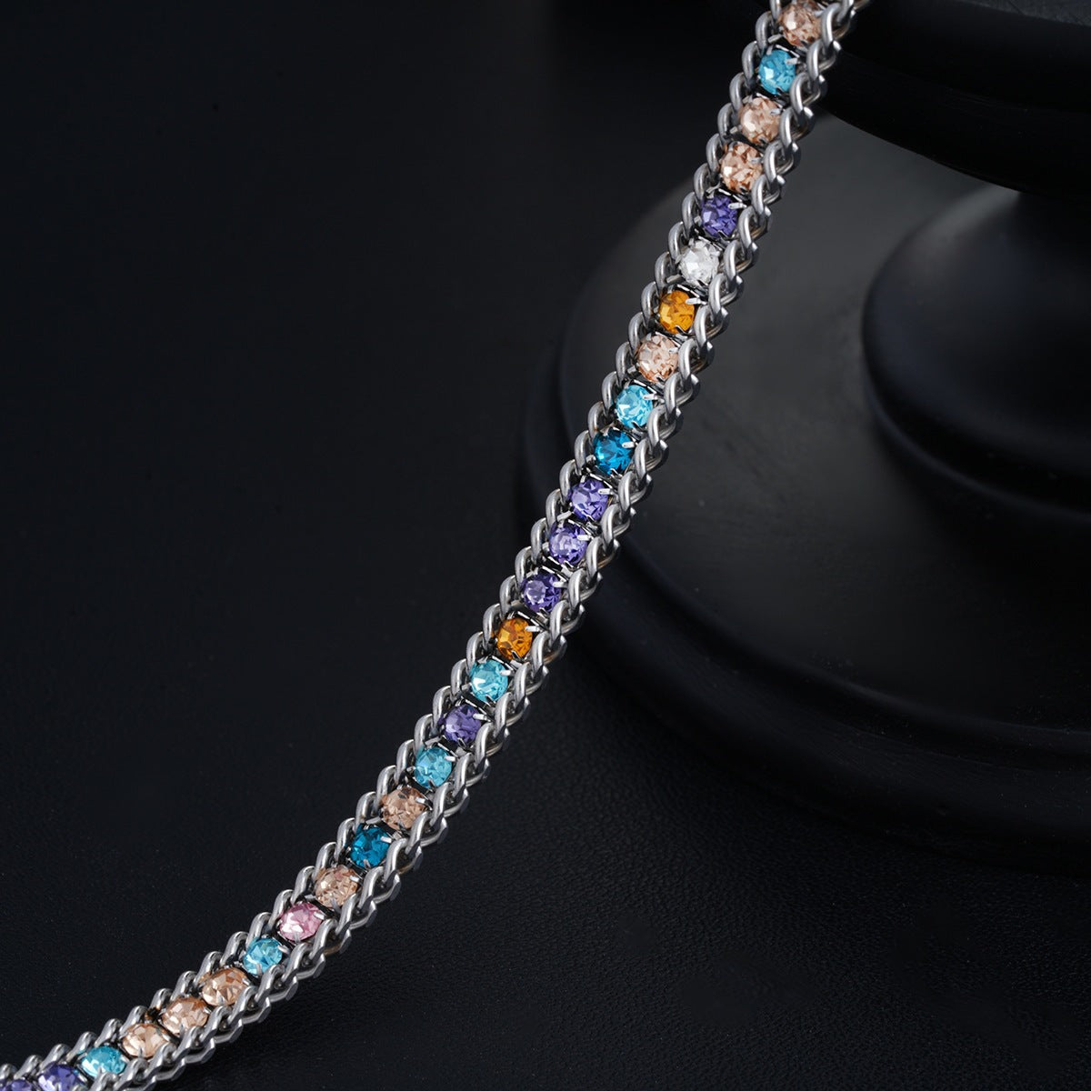 rainbow cuban-style chain bracelet for men and women, silver-tone double chain borders with multicolor faceted accents, lobster clasp and 2 inch extension, 6.5 inch bracelet, 0.2 inch width, colorful statement jewelry for everyday outfits and parties