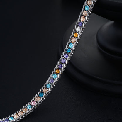 Rainbow Cuban-Style Chain Bracelet for Men and Women, Silver-Tone Double Chain Borders with Multicolor Faceted Accents, Lobster Clasp and 2 Inch Extension, 6.5 Inch Bracelet, 0.2 Inch Width, Colorful Statement Jewelry for Everyday Outfits and Parties
