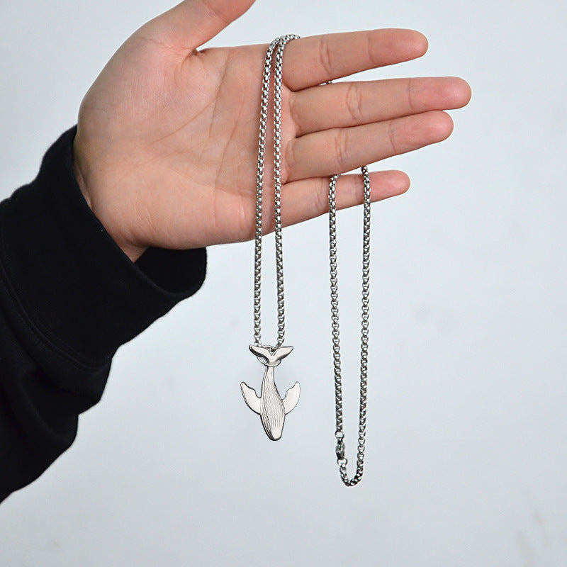 titanium steel whale fall pendant necklace for men unisex vintage silver humpback whale tail charm long box chain sweater necklace hip hop streetwear minimalist ocean jewelry aesthetic gift 27.5 inches