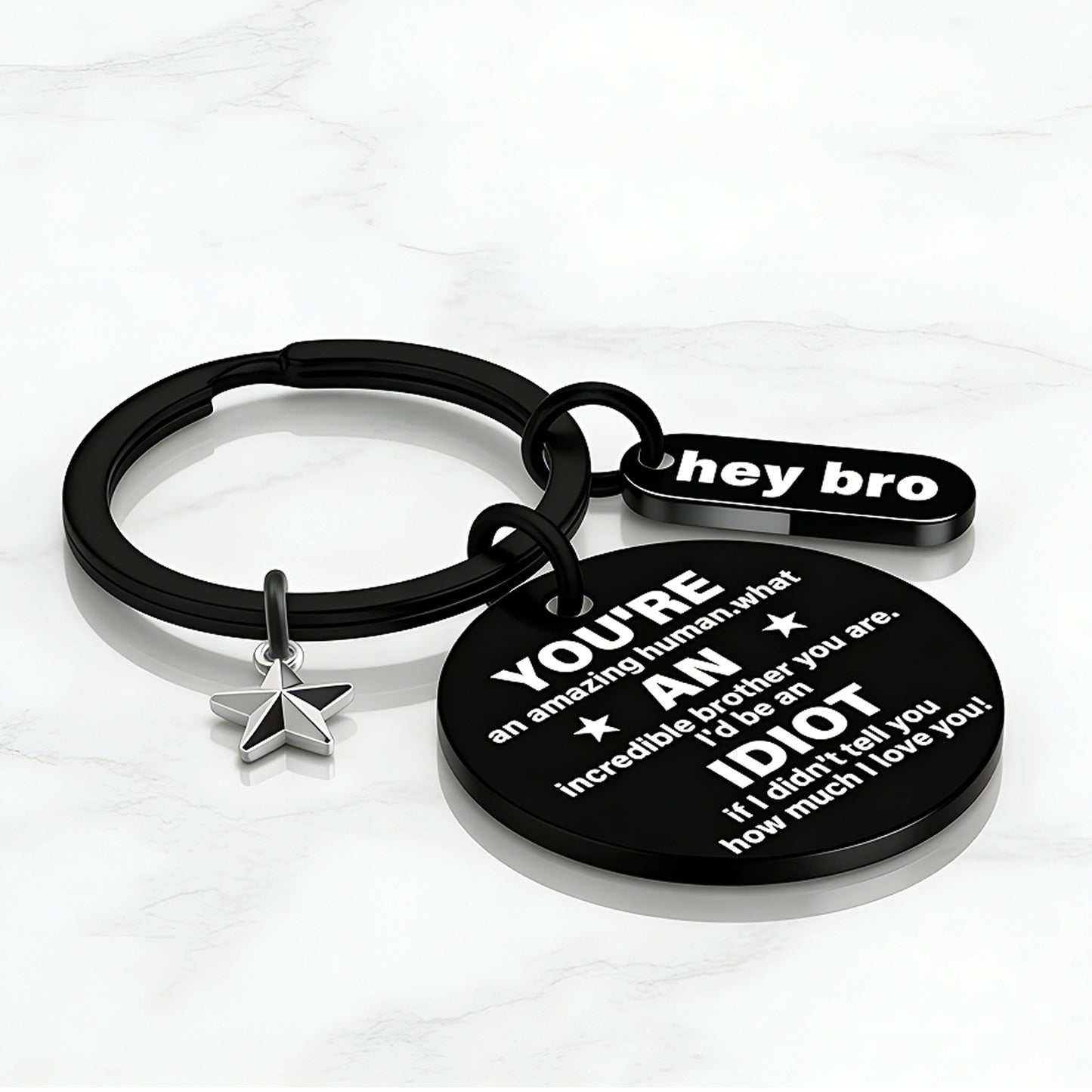 funny brother keychain gift from sister brother stainless steel black engraved round key ring charm pendant with star hey bro sign birthday graduation christmas motivational gag gift for men teens 1.17" 13.5g