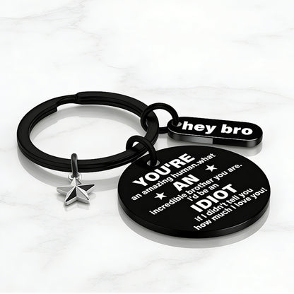 Funny Brother Keychain Gift from Sister Brother Stainless Steel Black Engraved Round Key Ring Charm Pendant with Star Hey Bro Sign Birthday Graduation Christmas Motivational Gag Gift for Men Teens 1.17" 13.5g