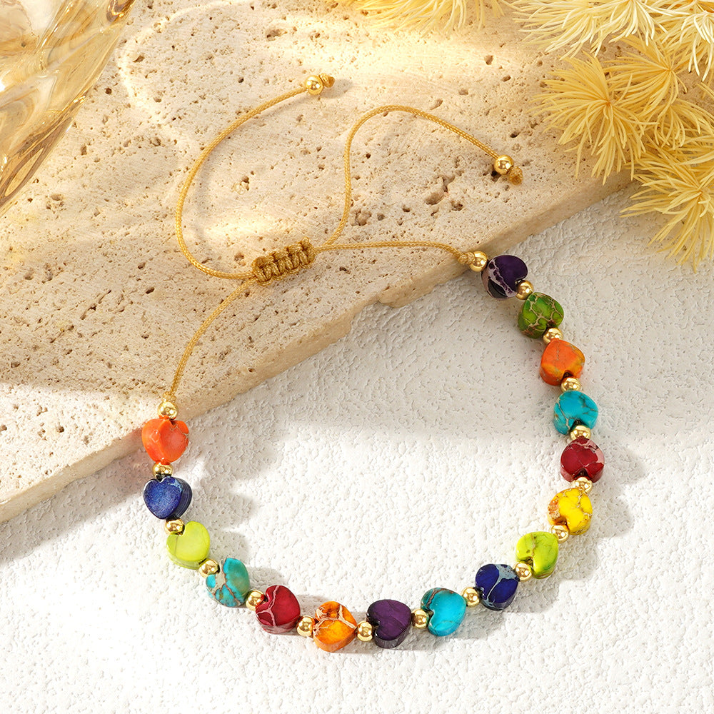 adjustable rainbow heart bead cord bracelet with gold-tone accents