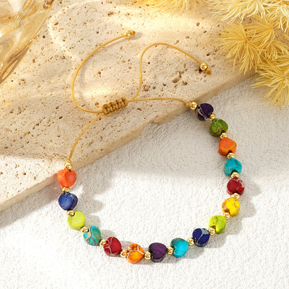 Adjustable Rainbow Heart Bead Cord Bracelet with Gold-Tone Accents