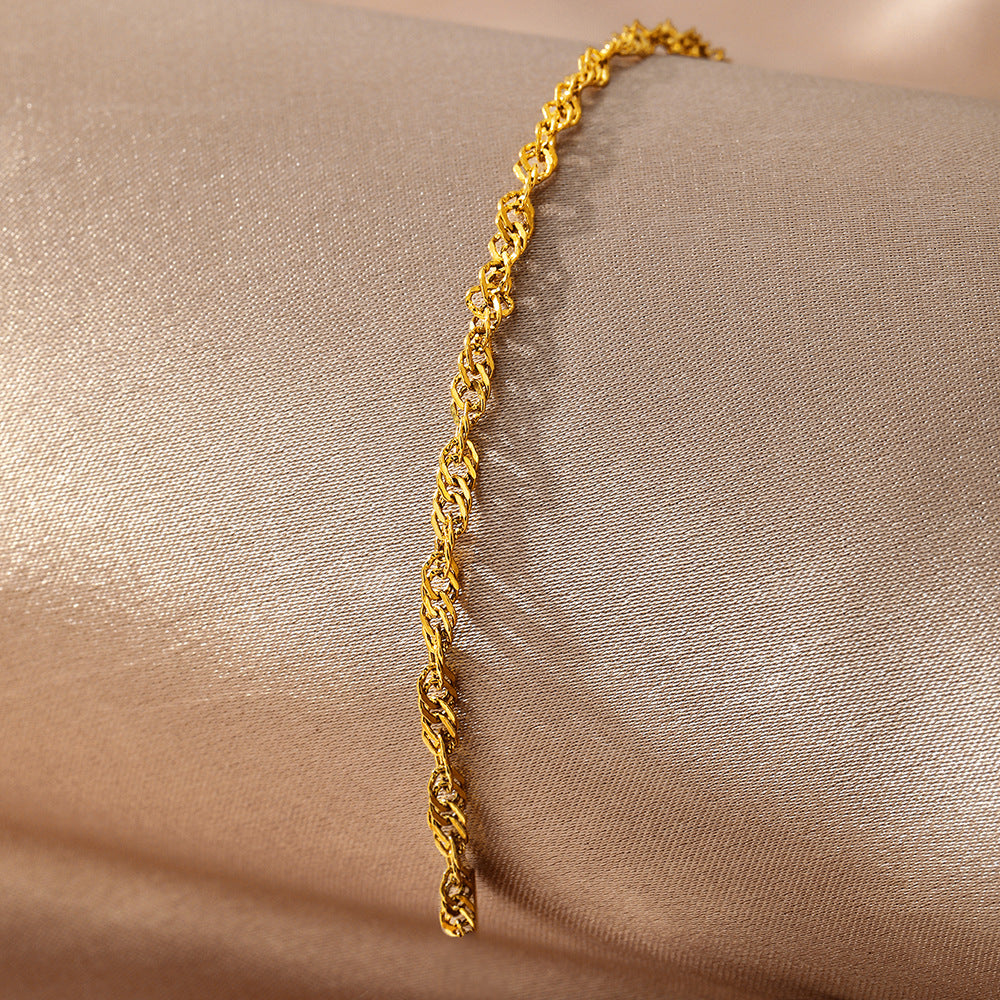 gold plated chain bracelet for women stainless steel singapore water wave link bracelet twisted ripple layering minimalist dainty wristband adjustable extension extender chain light luxury elegant fine jewelry gift for her