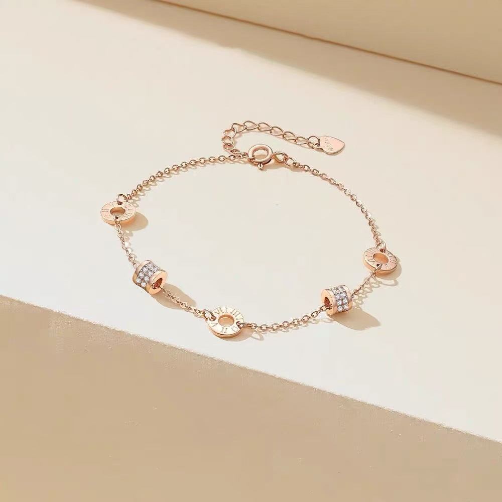 rose gold tone roman numeral bracelet for women, minimalist interlocking circles small waist charm bracelet, crystal pave cubic zirconia dainty chain link jewelry, birthday anniversary gift for girlfriend mother her