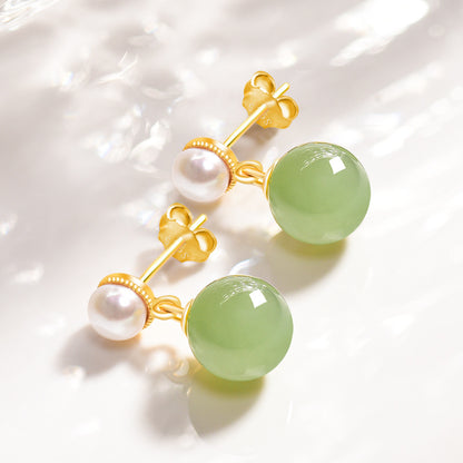 S925 Silver Inlaid Natural Hetian Jade Green Ball Earrings – Minimalist Women’s Jewelry