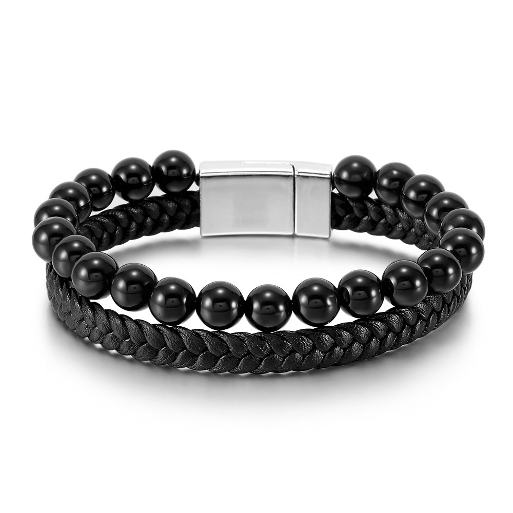 men’s beaded stone bracelet - tiger eye beads with genuine leather cord - natural stone and agate bracelet - star8s