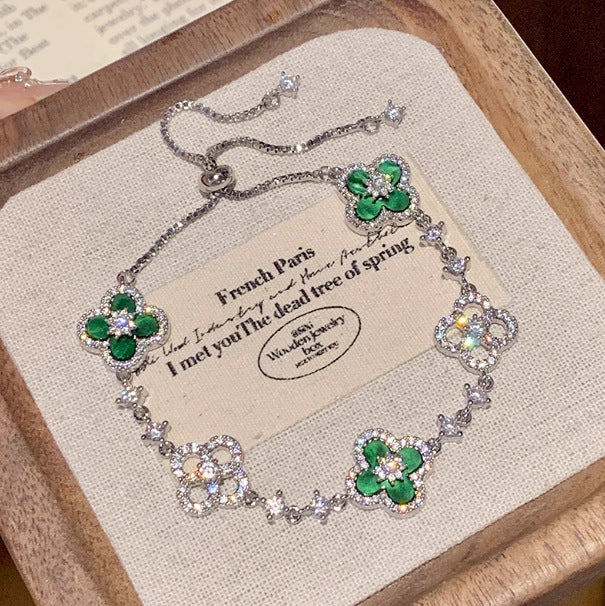 silver four leaf clover bracelet for women emerald green lucky clover charm bracelet sparkly crystal adjustable bolo slider bracelet premium dainty layering jewelry irish good luck gift for her anniversary birthday