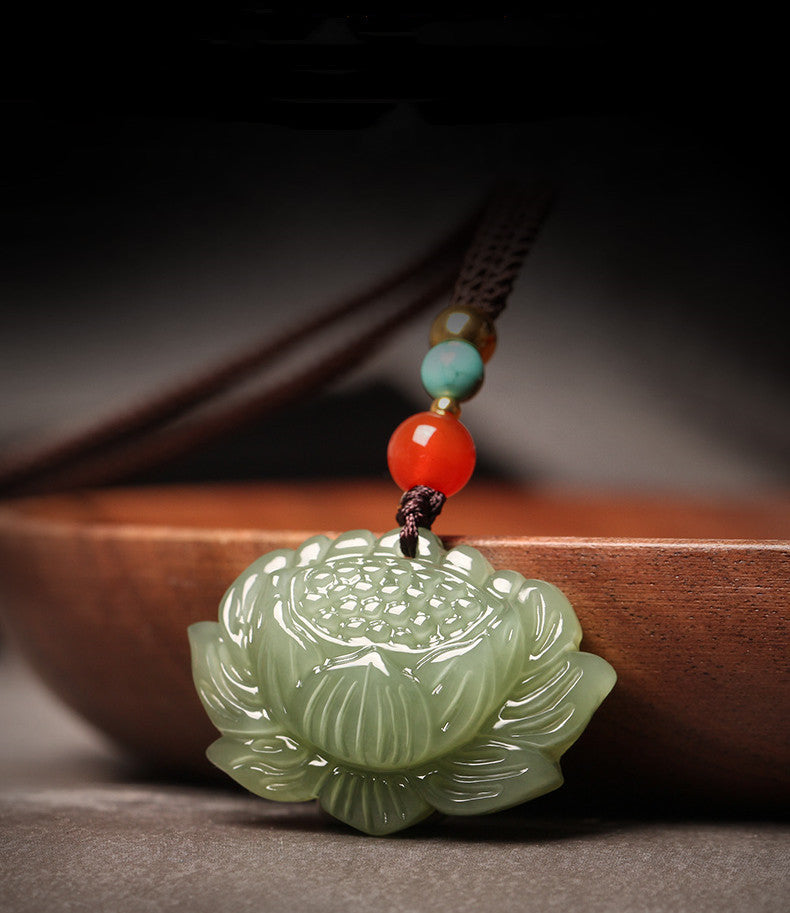 elegant hetian jade green lotus pendant necklace – unisex
