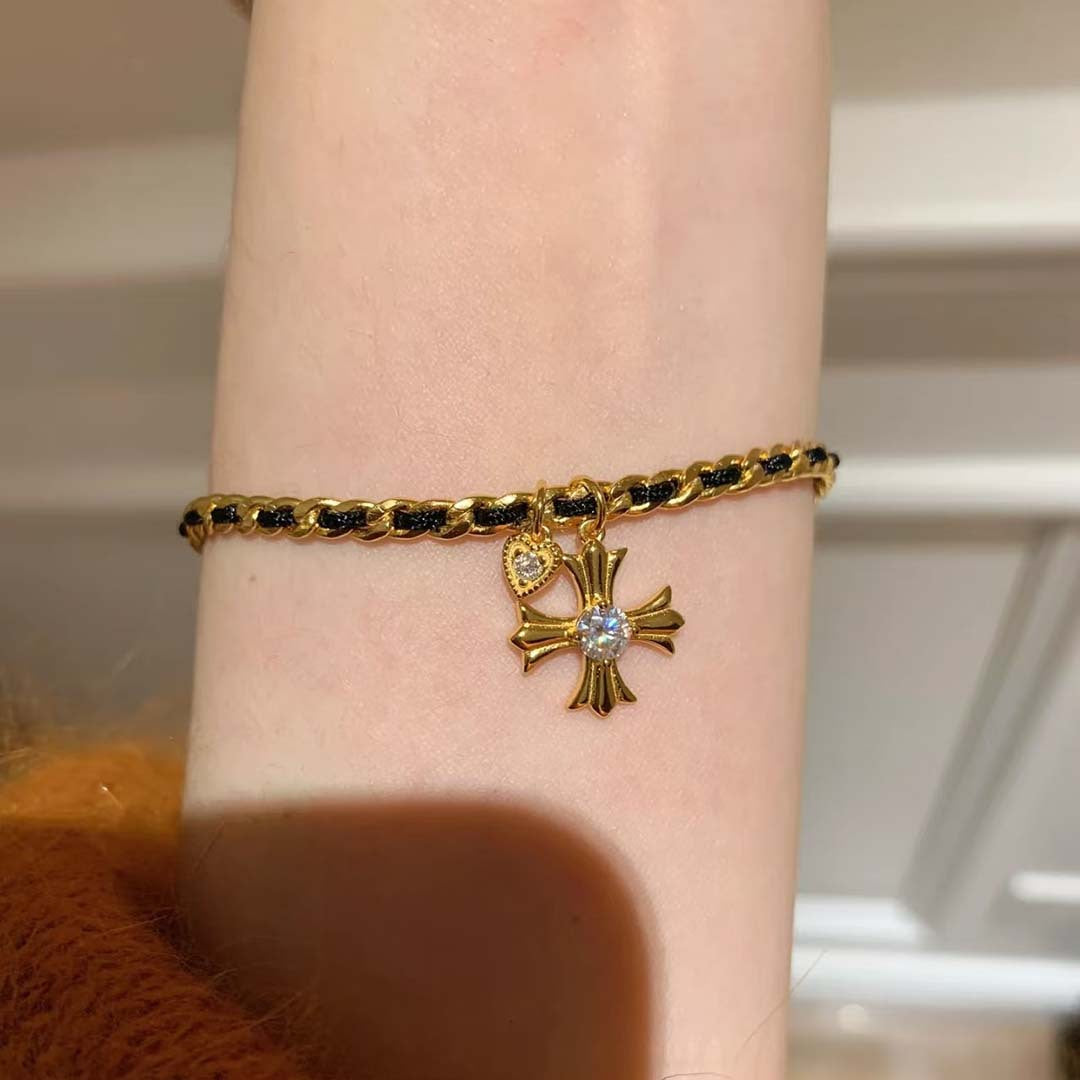 gold tone cross woven chain bracelet for women interwoven black thread braided cord gothic cross charm bracelet adjustable luxury aesthetic fashion jewelry gift