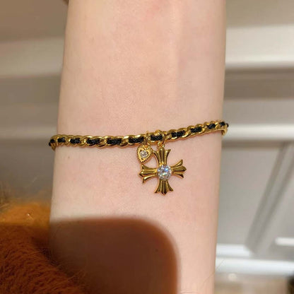 Gold Tone Cross Woven Chain Bracelet for Women Interwoven Black Thread Braided Cord Gothic Cross Charm Bracelet Adjustable Luxury Aesthetic Fashion Jewelry Gift