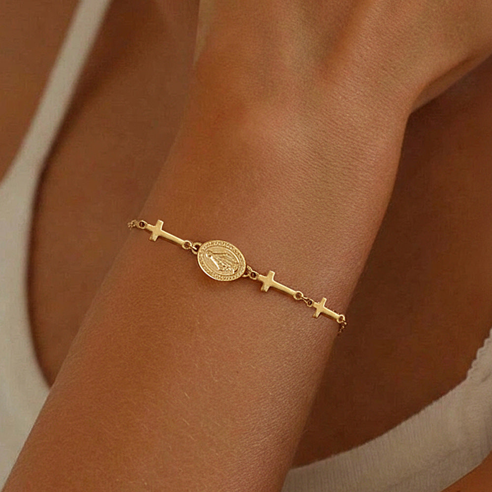 virgin mary cross bracelet for women stainless steel gold plated miraculous medal pendant religious catholic christian faith blessing charm bracelet adjustable stackable layering wristband gift jewelry