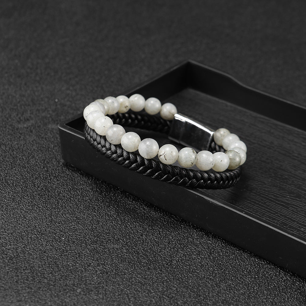 men’s beaded stone bracelet - tiger eye beads with genuine leather cord - natural stone and agate bracelet - star8s