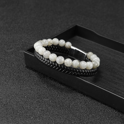 Men’s Beaded Stone Bracelet - Tiger Eye Beads with Genuine Leather Cord - Natural Stone and Agate Bracelet - STAR8S