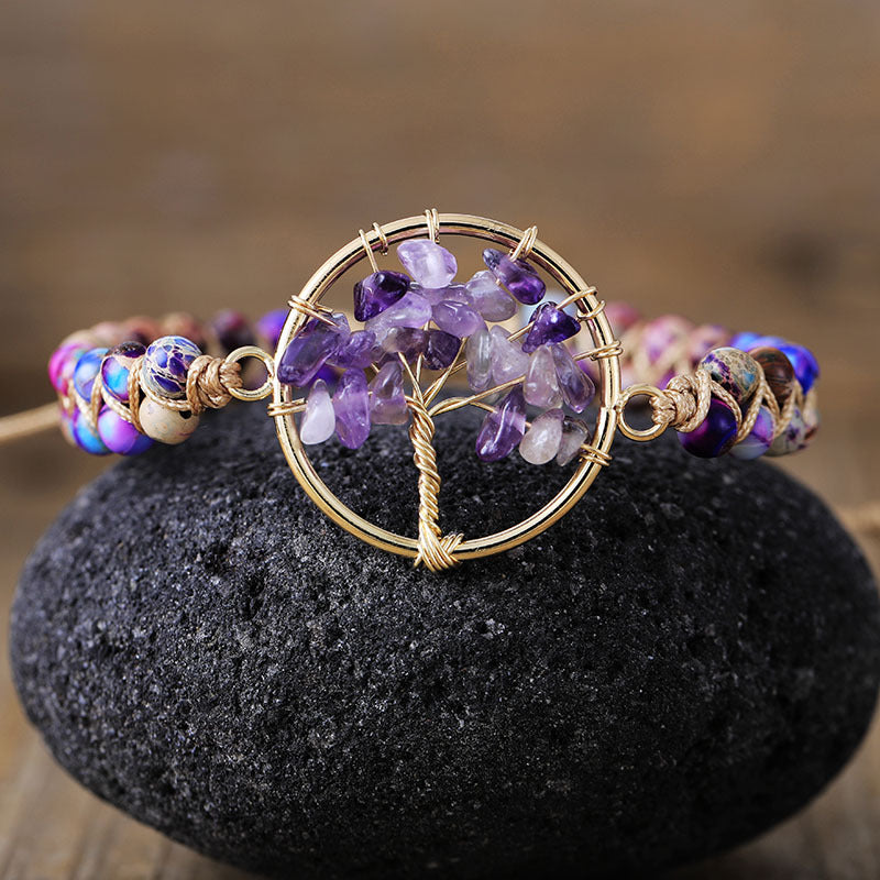 natural stone tree of life amethyst braided bracelet — handmade spiritual jewelry - star8s