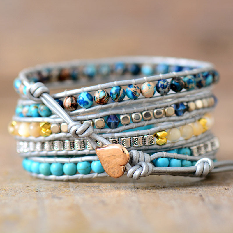 Turquoise Wrap Bracelet - Handmade Multi-Layered Beaded Leather Bracelet with Heart Pendant - STAR8S